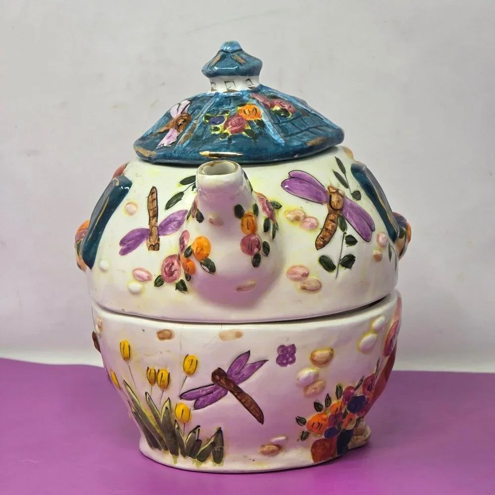 vintage Hand-Painted Ceramic Cottage Style Dragonfly Teapot &‎ Cup Set With Lid